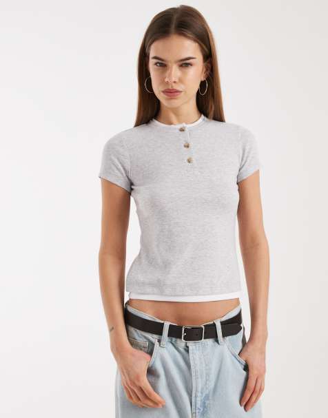 ASOS DESIGN - Grå kortærmet top i dobbeltlag med knapper - view 1