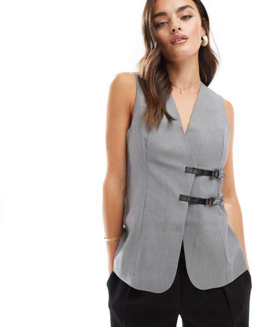 ASOS DESIGN – Grå, lång kostymväst med skärp