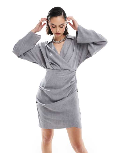 ASOS DESIGN – Grå, långärmad miniklänning i linnestil med krage, omlottdesign och knäppning