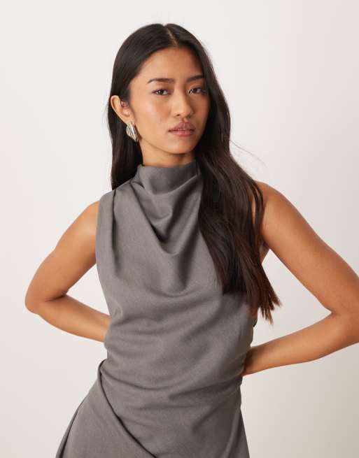 ASOS DESIGN - Grå maxikjole med høj draperet hals og tørklædekant, 2 af 4