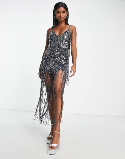 ASOS DESIGN - Grå minikjole med tynde stropper og perleudsmykkede frynser, 2 af 4