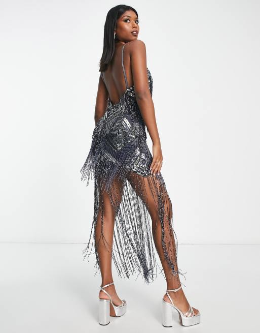 ASOS DESIGN - Grå minikjole med tynde stropper og perleudsmykkede frynser, 3 af 4
