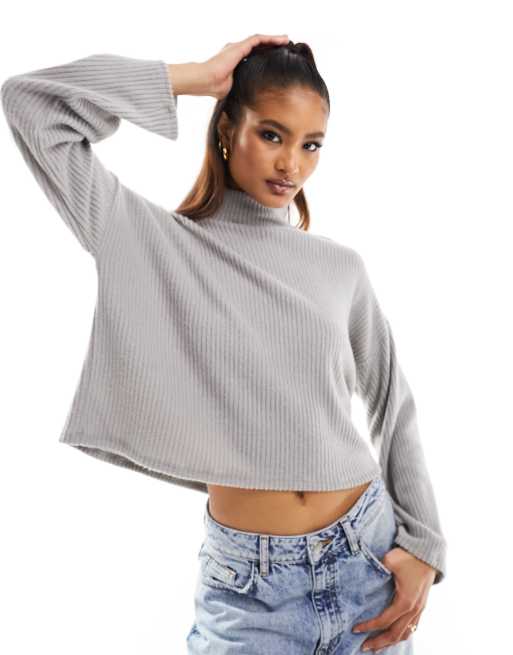 ASOS DESIGN – Grå mjuk topp med hög krage och långa ärmar