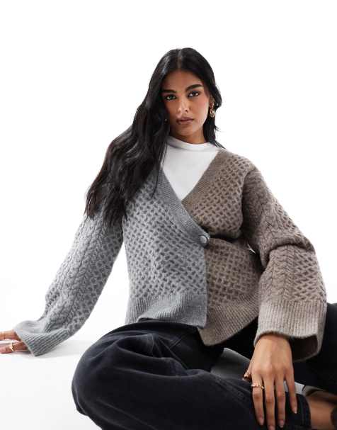 ASOS DESIGN - Grå/mokkabrun slå-om-cardigan i kabelstrik - view 1
