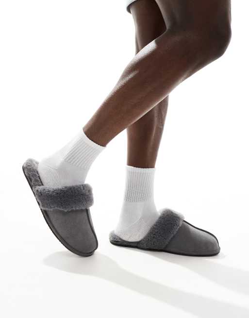 ASOS DESIGN - Grå mule-hjemmesko i imiteret ruskind med for i imiteret rulam, 4 af 4
