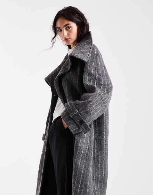 ASOS DESIGN - Grå nålestribet longline-frakke med ståkrave i uldblanding, 3 af 4