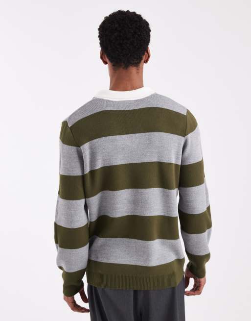 ASOS DESIGN – Grå och kakifärgad, randig, stickad rugbytröja med långa ärmar, 3 av 5