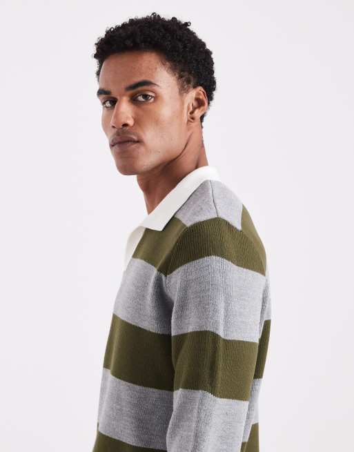 ASOS DESIGN – Grå och kakifärgad, randig, stickad rugbytröja med långa ärmar, 4 av 5