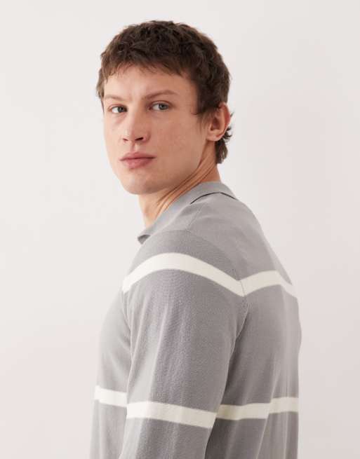 ASOS DESIGN – Grå och naturvit, randig, stickad pikétröja med långa ärmar, 4 av 5