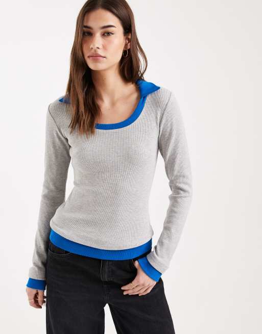 ASOS DESIGN - Grå og blå langærmet top med krave og dyb rund hals i dobbeltlag , 2 af 4