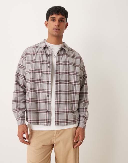 ASOS DESIGN - Grå og bordeaux afslappet skjorte med børstede tern i firkantet pasform