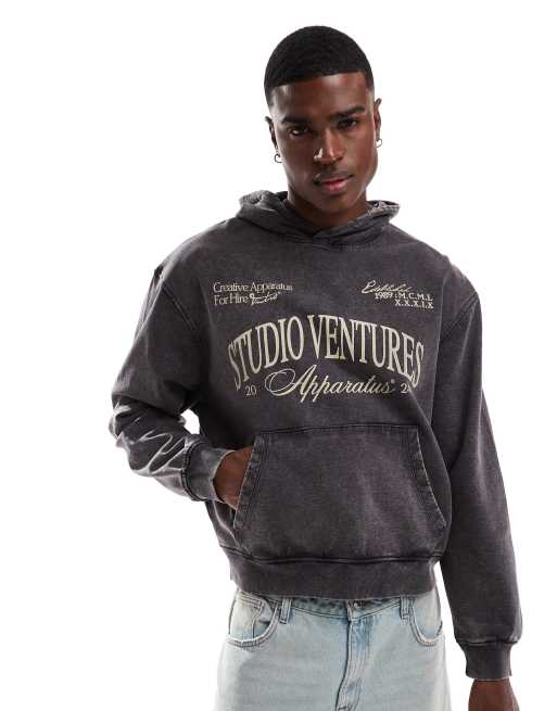 ASOS DESIGN - Grå og oversized hættetrøje med print på brystet i syrevask