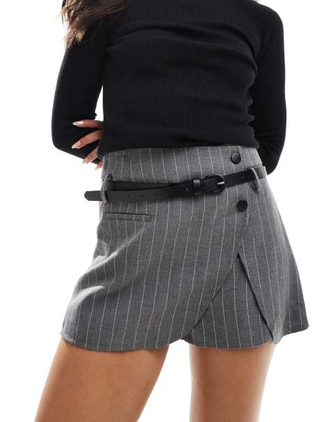 ASOS DESIGN - Grå og skræddersyet skort med slå-om-design og bælte samt striber - view 1