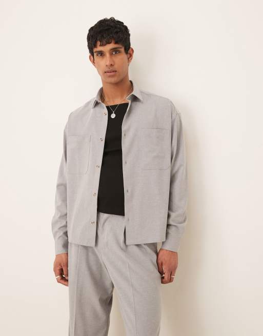 ASOS DESIGN - Grå oversized cropped skjorte i hørblanding i firkantet pasform - Del af sæt