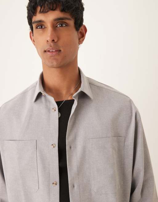 ASOS DESIGN - Grå oversized cropped skjorte i hørblanding i firkantet pasform - Del af sæt, 2 af 4