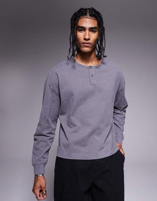 ASOS DESIGN - Grå oversized Henley-top med lange ærmer i kraftigt stof på 220 gsm i firkantet pasform