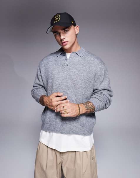 ASOS DESIGN - Grå oversized poloskjorte i strik i firkantet pasform - view 1