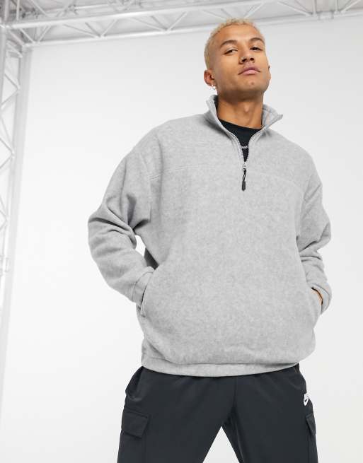 ASOS DESIGN – Grå oversized sweatshirt i polar fleece med dragkedja upptill