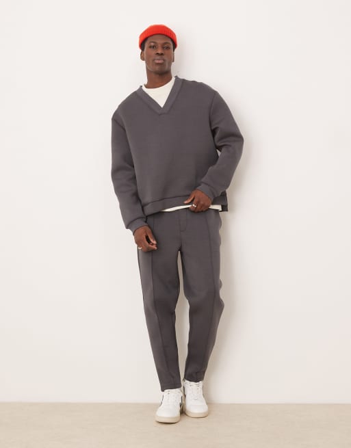 ASOS DESIGN - Grå oversized sweatshirt med V-hals i scuba-lignende materiale, 3 af 4