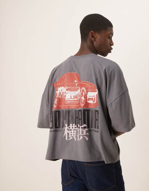ASOS DESIGN - Grå oversized T-shirt med sænkede skuldre og bilgrafik i firkantet pasform