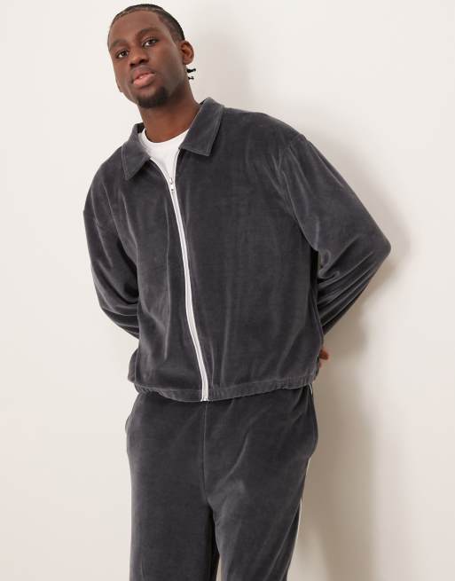 ASOS DESIGN - Grå oversized træningsjakke med kantbånd i velour i firkantet pasform - Del af sæt 