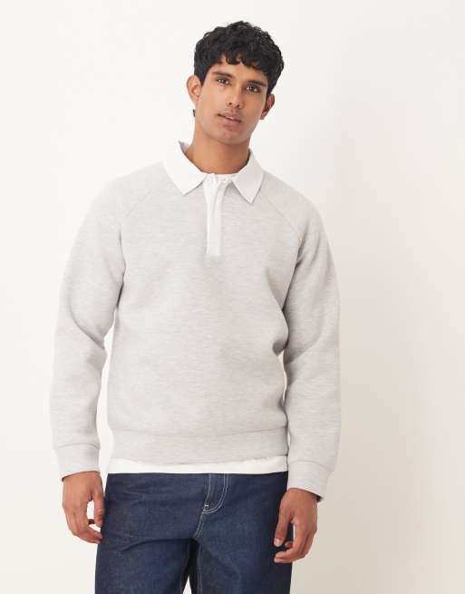 ASOS DESIGN – Grå pikétröja med kontrastfärgad krage i standardmodell av scubaliknande material