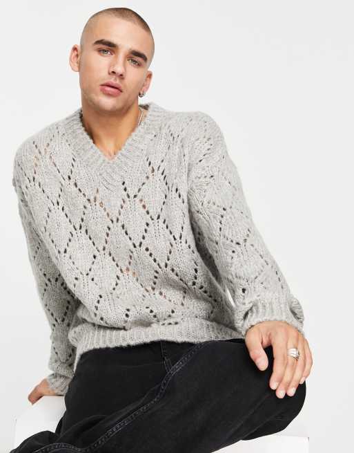ASOS DESIGN – Grå, pointellestickad tröja med v-ringning