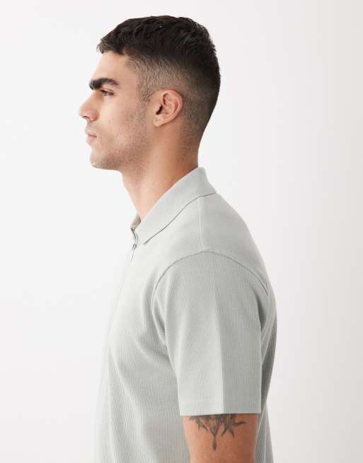 ASOS DESIGN - Grå poloskjorte i regular fit med lynlås og vaffeltekstur, 3 af 5