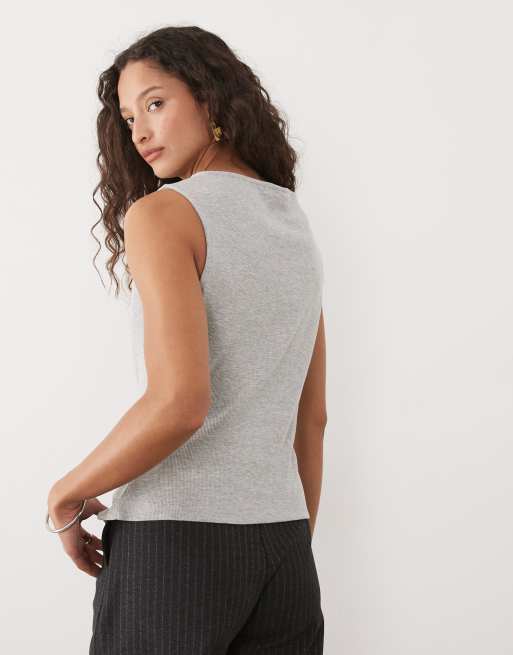 ASOS DESIGN - Grå ribstrikket longline-tanktop med bådudskæring og gennemgående knapper, 4 af 4