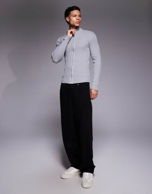 ASOS DESIGN - Grå ribstrikket tætsiddende jakke med gennemgående lynlås, 2 af 5