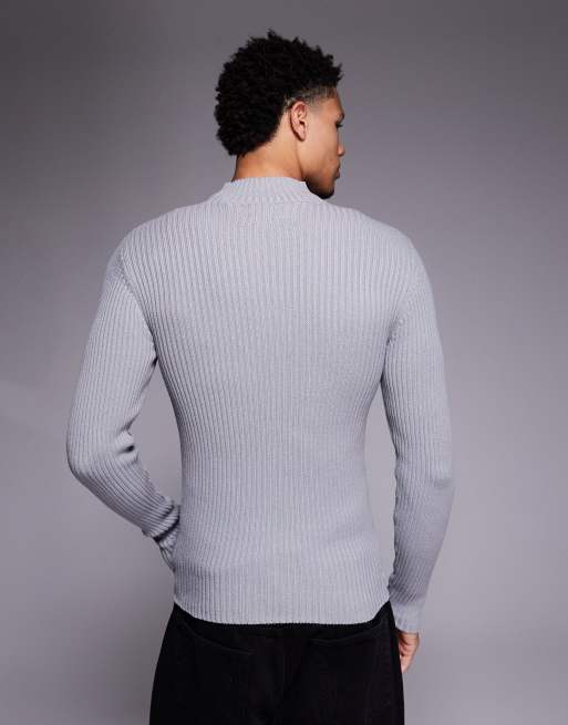 ASOS DESIGN - Grå ribstrikket tætsiddende jakke med gennemgående lynlås, 3 af 5