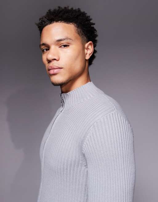 ASOS DESIGN - Grå ribstrikket tætsiddende jakke med gennemgående lynlås, 4 af 5