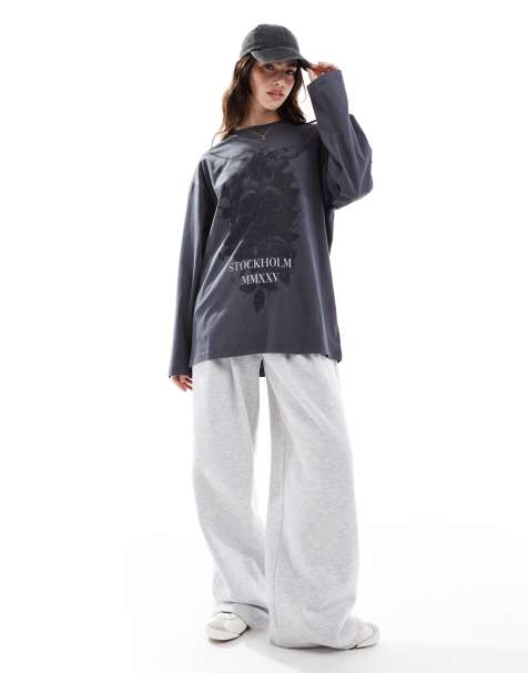 ASOS DESIGN - Grå skater-T-shirt med lange ærmer og dødningehovedgrafik - view 1