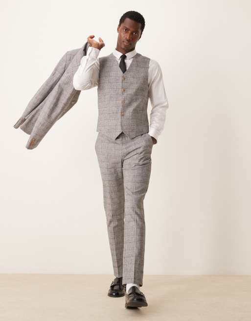 ASOS DESIGN - Grå skinny-habitbukser i hør med prince of wales-tern
