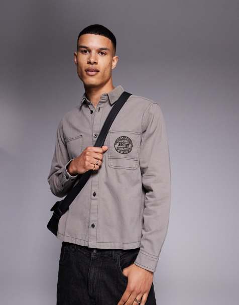 ASOS DESIGN - Grå skjorte med lommebroderi i firkantet pasform - view 1