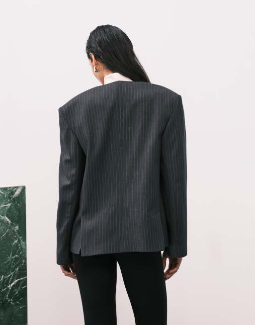 ASOS DESIGN - Grå skræddersyet blazer uden krave med skulderpuder og nålestriber, 3 af 4
