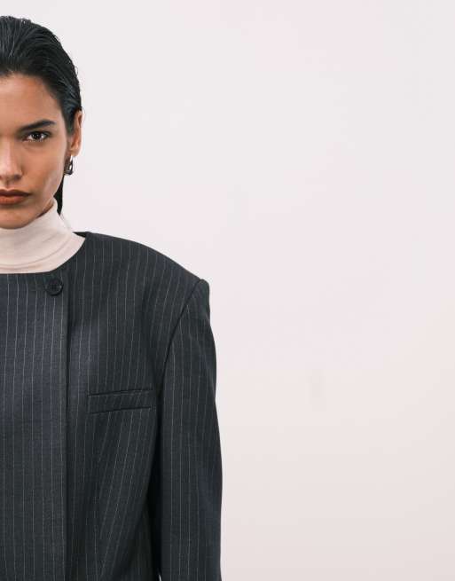 ASOS DESIGN - Grå skræddersyet blazer uden krave med skulderpuder og nålestriber, 4 af 4