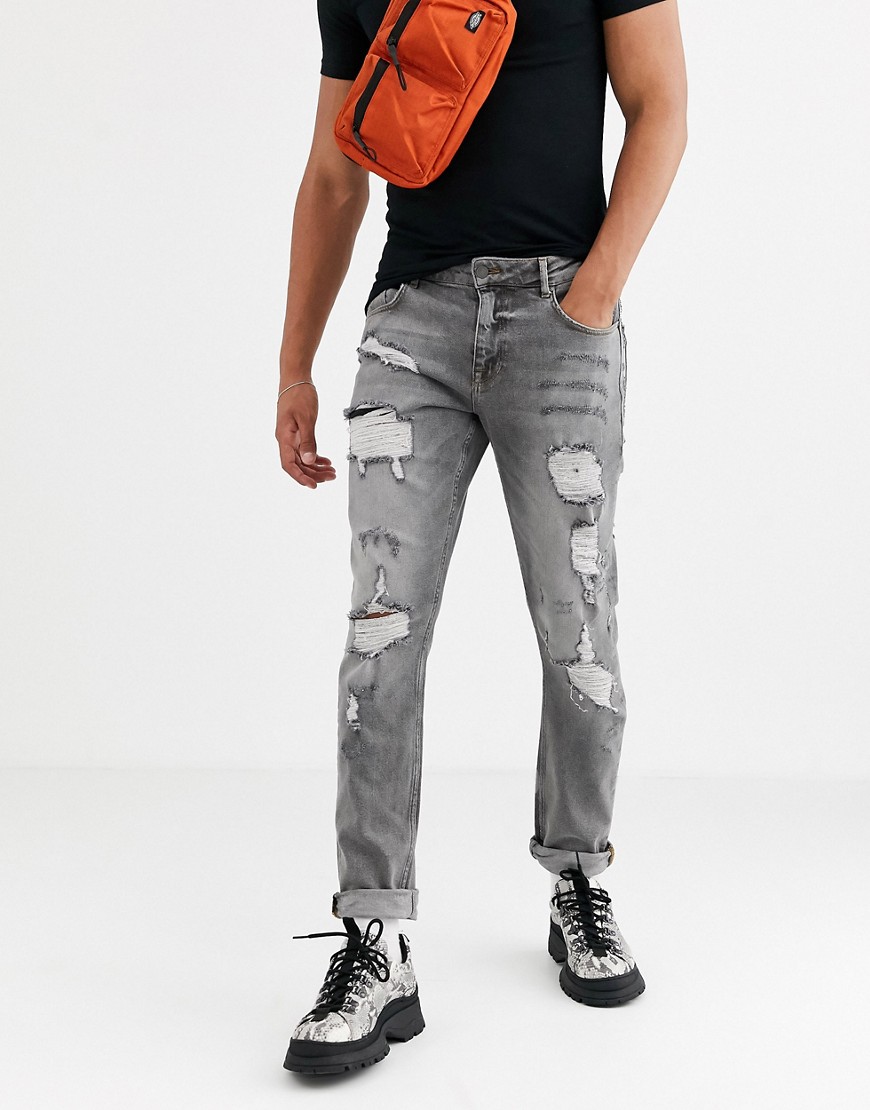 ASOS DESIGN – Grå slim jeans med stora revor