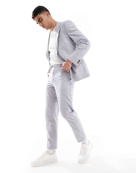 ASOS DESIGN – Grå, smått hundtandsmönstrad, smal kostym i linnemix - view 1