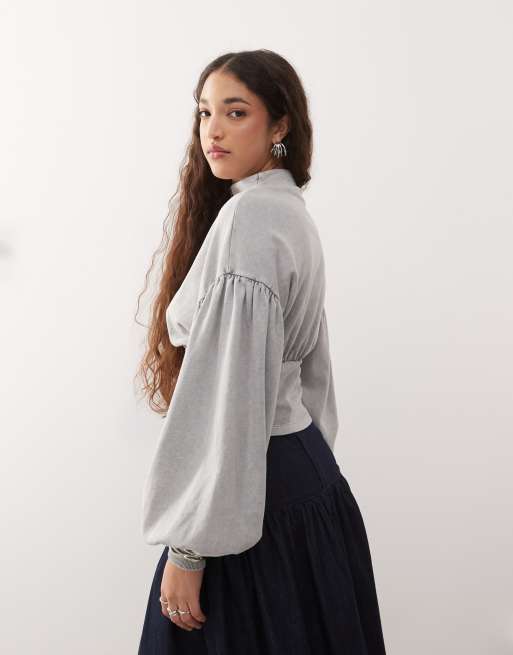 ASOS DESIGN – Grå, stentvättad huvtröja med korsett, ståkrage och dragkedja, 3 av 4
