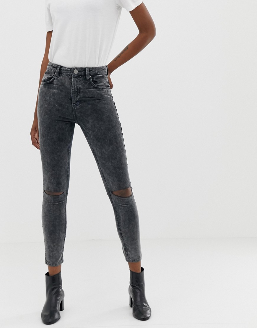 ASOS DESIGN – Grå, stentvättade skinny jeans i styv manchester med slitna knän och superhög midja