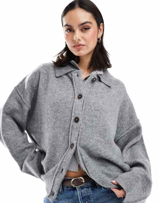 ASOS DESIGN – Grå, stickad skjorta med krage och dekorativ söm
