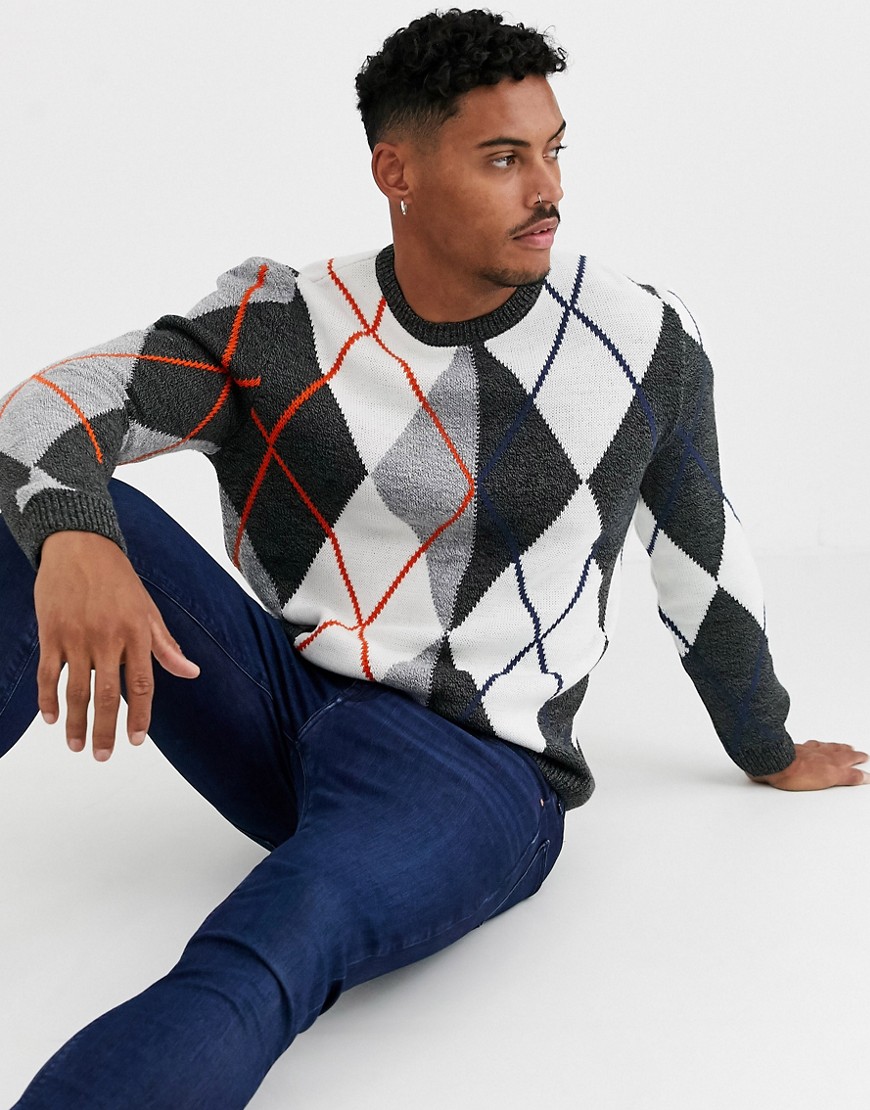 ASOS DESIGN – Grå stickad tröja med argyle-mönster
