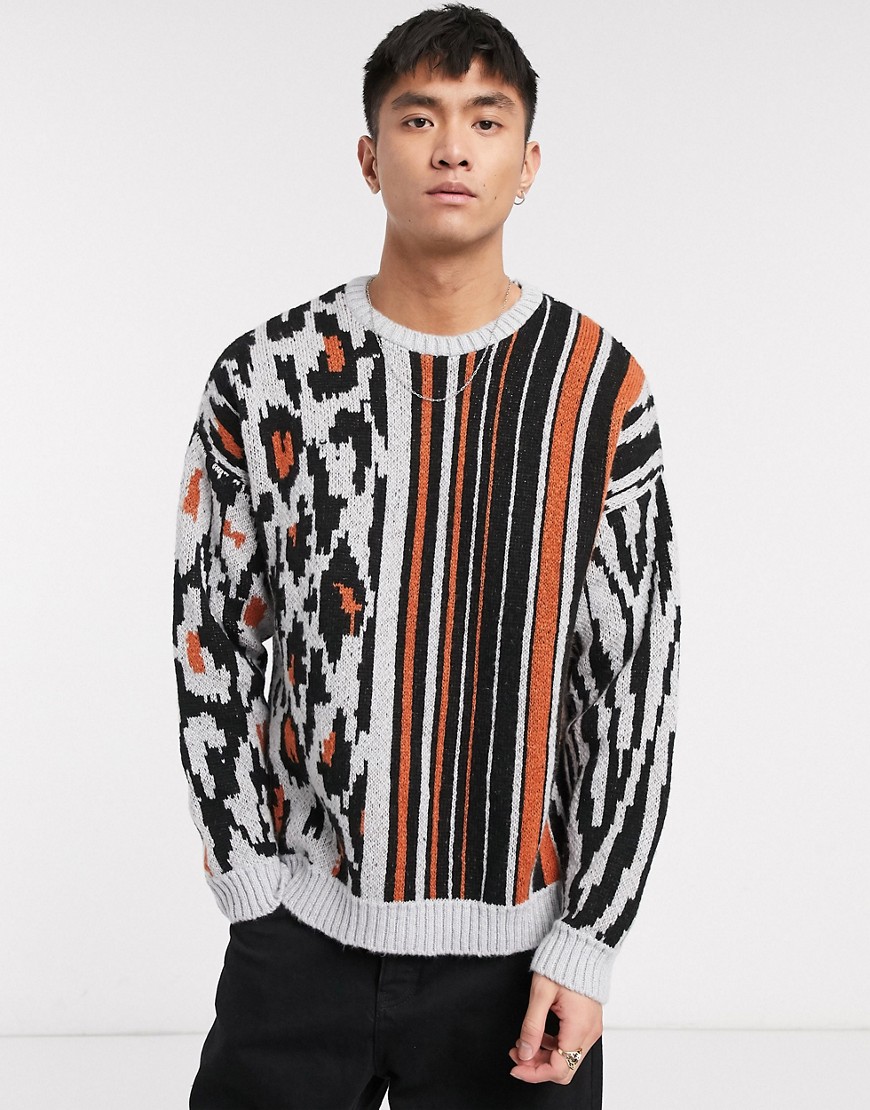 ASOS DESIGN – Grå, stickad tröja med blandade djurmönster och ränder-Flerfärgad