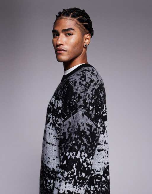 ASOS DESIGN - Grå strikket afslappet trøje med rund hals og abstrakt mønster, 4 af 5