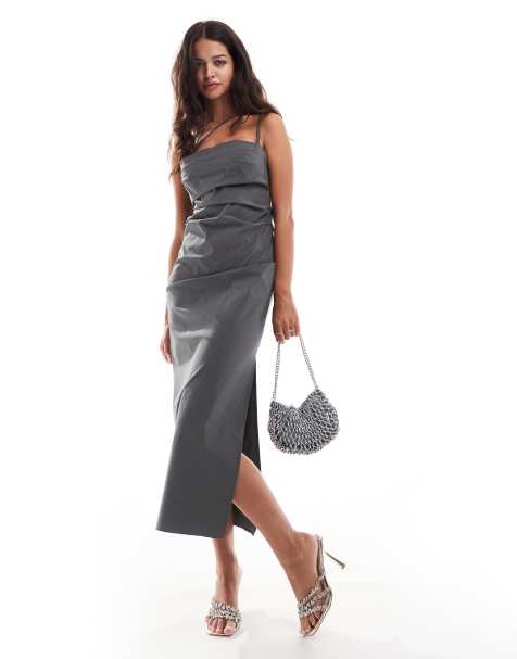 ASOS DESIGN – Grå, strukturerad midiklänning i bodycon-passform med rysch - view 1