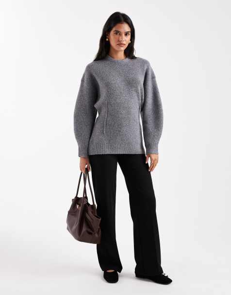 ASOS DESIGN – Grå, strukturerad tröja i lång modell med rund halsringning och markerad midja - view 1