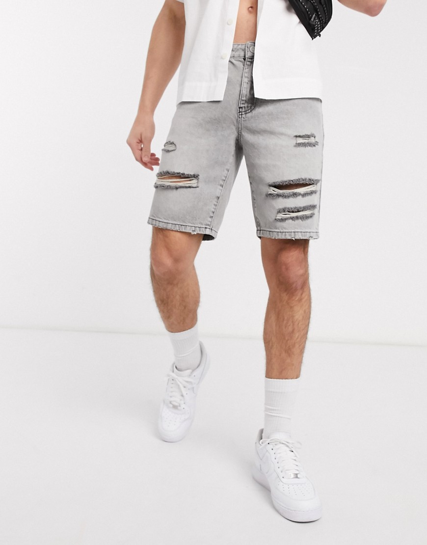 ASOS DESIGN – Grå styva shorts med smal passform och revor
