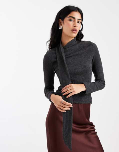 ASOS DESIGN - Grå superblød og langærmet top med tørklædedetalje - view 1