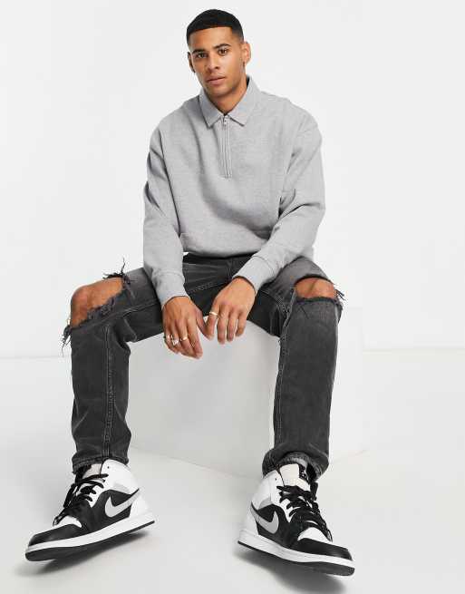 ASOS DESIGN – Grå sweatshirt i oversize med krage och halvlång dragkedja - GREY